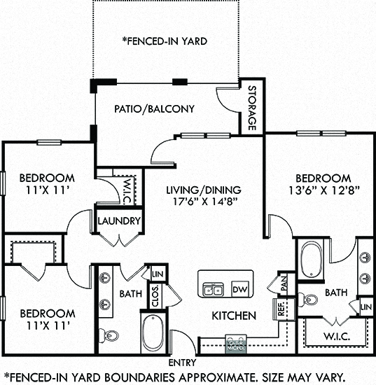 Floor plan for 3 beds, 2 baths, 1250 sqft